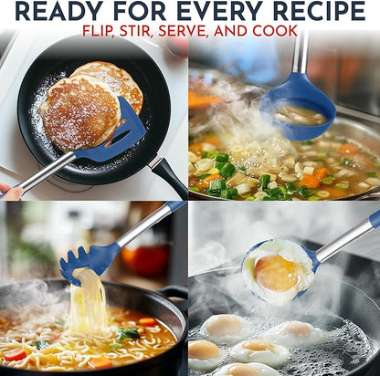 Silicone Kitchen Utensils Set 34 Pieces 450 °F Heat Resistant - Blue Cooking Utensils-Set for Nonstick Cookware - Silicone Spatulas Set, Stainless Steel Handle & Other Kitchen accessories