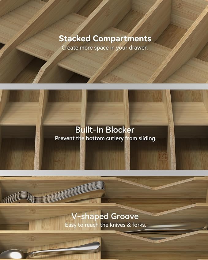 Utensil Drawer Organizer for Silverware,Bamboo 10 Slot | V-Groove & Anti-Slip Blocks, Vertical Storage,16" D x 12.3" W x 2.25" H, Cutlery Holder Dividers for Spoons Forks Knives