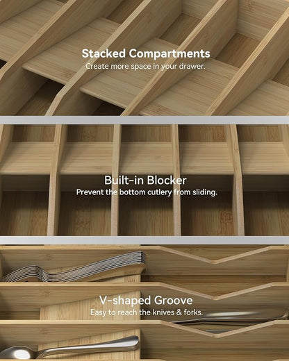 Utensil Drawer Organizer for Silverware,Bamboo 10 Slot | V-Groove & Anti-Slip Blocks, Vertical Storage,16" D x 12.3" W x 2.25" H, Cutlery Holder Dividers for Spoons Forks Knives