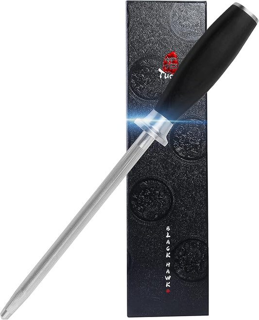 TUO Honing Rod, Knife Sharpening Rod 8 Inch, High Carbon German Steel Knife Sharpener with Ergonomic Pakkawood Handle, Premium Honing Steel for Kitchen Knives Blade Maintenance, Black Hawk Series