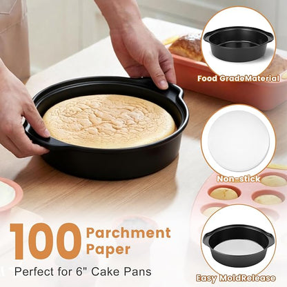 BEWOS 6 Inch Cake Pan Set - 3 Pcs Carbon Steel Round Cake Pans with 100 Pcs Parchment Paper, Round Cake Pans, Nonstick Baking Pans Set with Handle, Dishwasher Safe