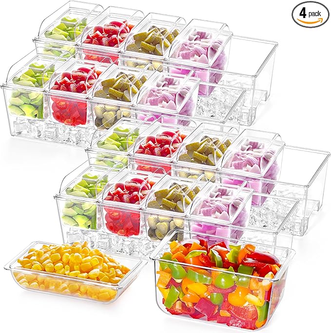 Lifewit 4 Pcs Ice Chilled Condiment Caddy with 5x20 oz Containers, Condiment Server with Separate Lid, Serving Tray Platter with Removable Dishes for Bar Fruit Salad Taco Party Garnish, 39 x13cm/15x5