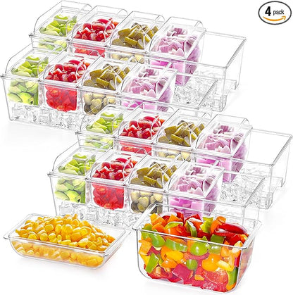Lifewit 4 Pcs Ice Chilled Condiment Caddy with 5x20 oz Containers, Condiment Server with Separate Lid, Serving Tray Platter with Removable Dishes for Bar Fruit Salad Taco Party Garnish, 39 x13cm/15x5