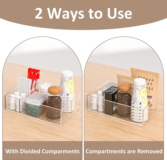 Clear Coffee Station Accessories Organizer, Countertop Acrylic Coffee Bar Tray for Coffee, Tea Bags, Condiments, Cups, Jars