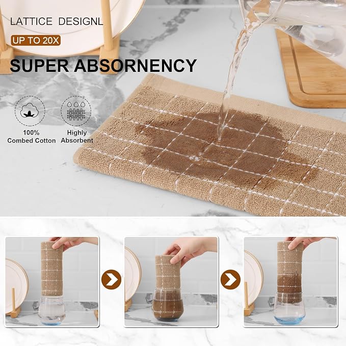 Mordimy 100% Cotton Terry Cloth Kitchen Towels, Super Soft and Absorbent Dish Towels for Drying, Checkered Designed Hand Towels for Kitchen, 13 x 28 Inches, 4 Pack, Tan