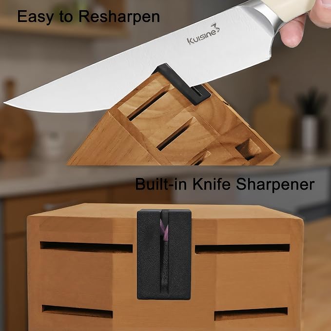 KUISINE Upgraded Sharp Chef Knife Set,High Carbon Stainless Steel Ergonomic Rivet Handle,Knife Block Set with Built-in Sharpener(Acacia Ivory Pro,15PCS)