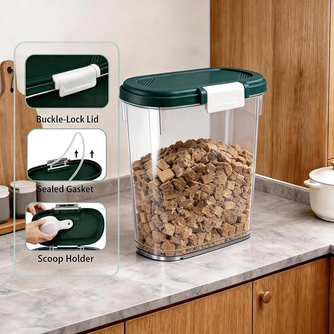 Dark Green Airtight Dog Cat Food Storage Container 10 Lbs - Slim Tall Pet Food Treat Container with Lid, Scoop and Cup - Clear Plastic Dry Food Storage Bin for Dogs, Cats, Bird Seeds, Kibble, Pellets