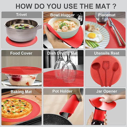 2 in 1, Aidacom Microwave Splatter Cover for Food & Silicone Microwave Mat, Mat as Bowl Holder, Trivet, Pot Holders, Drying, Baking, Utensils Rest for Kitchen Counter, Dishwasher Safe, Red