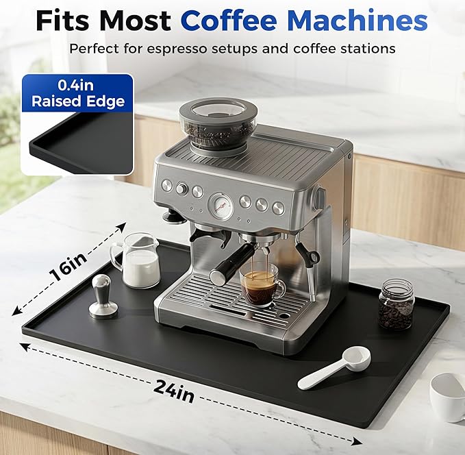 Golener Silicone Coffee Mat - 24" x 16" Coffee Bar Mat for Countertop with Raised Edges, Kitchen Station Pad, Accessories Fit Under Coffee Machine, Waterproof Dish Drying Mat, Heat Resistant, Black