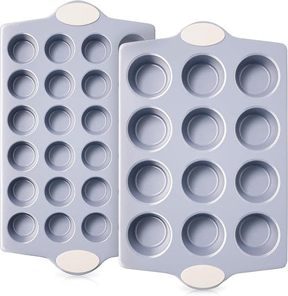 BRONYPRO 2-Pack 12 Cup and Mini 24 Cup Non Toxic Nonstick Ceramic Muffin Pan & Cupcake Tin, PFOA & PTFE Free, Heavy Duty Rust-Resistant Aluminized Steel, Oven & Dishwasher Safe, Cream White