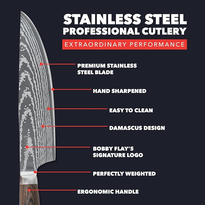 GreenPan x Bobby Flay 3 Piece Knife Set, Pairing Utility & Chef’s Knife, Premium Stainless Steel Blades, Precision Cutting Kitchen Tools, Hand Finished Ergonomic Wood Handle, Damascus Steel Design