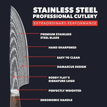 GreenPan x Bobby Flay 3 Piece Knife Set, Pairing Utility & Chef’s Knife, Premium Stainless Steel Blades, Precision Cutting Kitchen Tools, Hand Finished Ergonomic Wood Handle, Damascus Steel Design