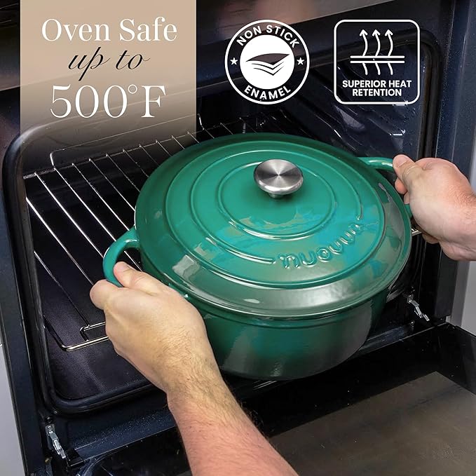 Cast Iron Dutch Oven with Lid - Non-Stick Ovenproof Enamelled Casserole Pot - Sturdy Dutch Oven Cookware - Dark Green, 3.1-Quart, 22cm-by Nuovva