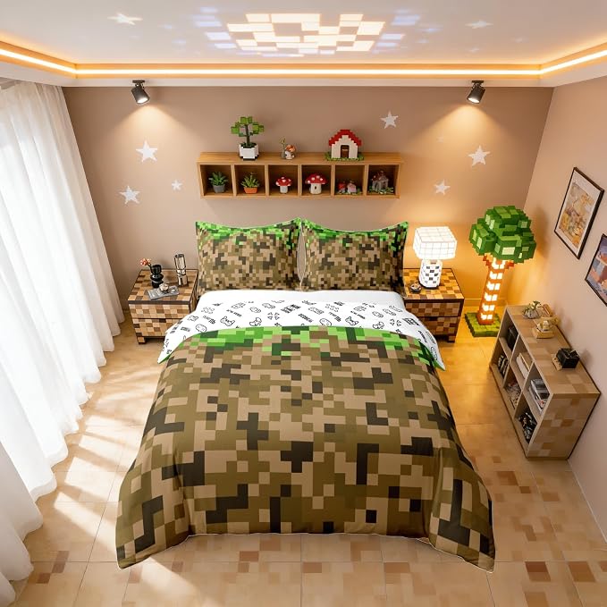 100% Nature Cotton Pixelated Style Square Grid Duvet Cover Queen Size 3 Pcs Brown Green Army Camo Bedding Set Room Decor Gifts Cartoon Gamepad Modern Comforter Cover,Comforter Not Included