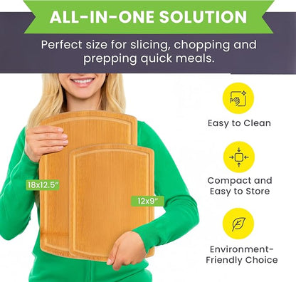 Extra Large Bamboo Cutting Board Set of 2 – Wood Cutting Boards for Kitchen with Glue-Free Surface™ & Juice Groove – Non-Toxic Wooden Chopping Boards, FSC-Certified, Durable Carving Boards