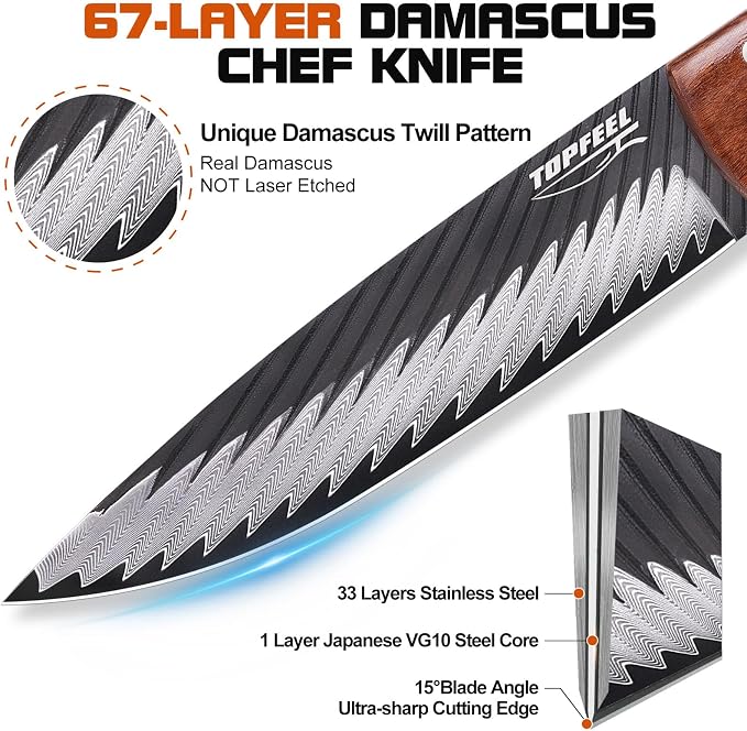 Topfeel 8 Inch Damascus Chef Knife, 67-Layer High Carbon Steel Kitchen Knife Sharp Japanese Chef Knives Full Tang, Professional Kitchen Knives with Wooden Ergonomic Handle