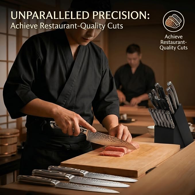 Methway Knife Set, 15-Piece Kitchen Knife Set with Block, High Carbon Stainless Steel Japanese Knife Set, Sharp Hammered Finish, Full Tang, Ergonomic Wood Grain Handle, Dishwasher Safe, Gray