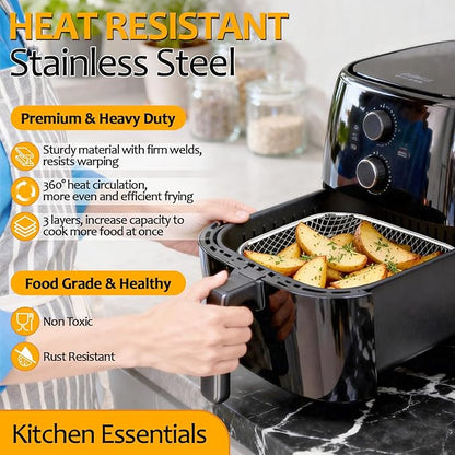 TeamFar Square Air Fryer Rack, 7.72" Stainless Steel Stackable Air Fryer Basket Accessories for Frying Roasting Baking, 3pcs Dehydrator Rack with Silicone Feet & Clip, Oven & Dishwasher Safe