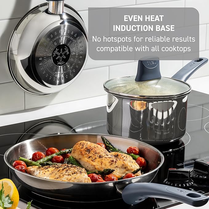 T-fal Essentials Stainless Steel Fry Pan 10.5 Inch, Induction Compatible Oven Safe 350F, Durability & Performance, Cookware, Pots and Pans, Chef's Pan, Skillet, Frying Pan, Dishwasher Safe Silver/Blue