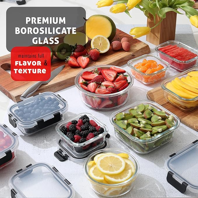 EATEX 32pc Glass Food Storage Containers with Lids, Airtight Glass Meal Prep Containers, 16 Reusable Food Storage Bins with 16 Leakproof Snap Lock Lids Oven Microwave Freezer Safe Lunch Containers