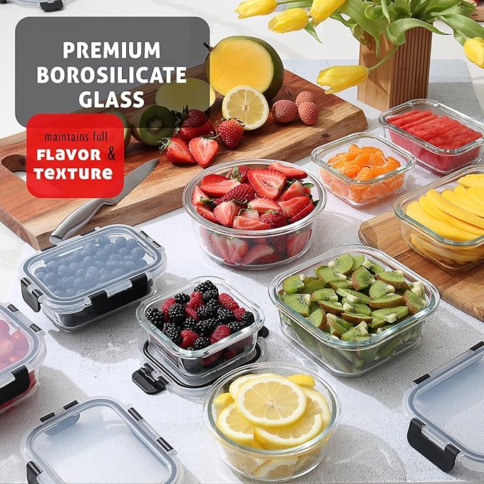 EATEX 32pc Glass Food Storage Containers with Lids, Airtight Glass Meal Prep, 16 Reusable Food Containers with 16 Leakproof Snap Lock Lids Oven Microwave Freezer Safe Lunch Containers