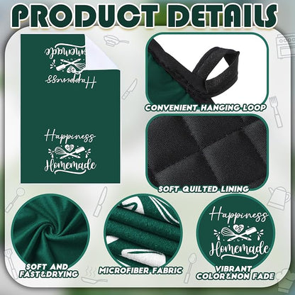 Sratte 6 Pcs Kitchen Decor Accessories Set Farmhouse Towels Pot Holders Oven Mitts Set 2 Dish Towels 2 Potholders 2 Cooking Mittens Oven Glove for Christmas Baking Cooking(Dark Green,Kitchen)