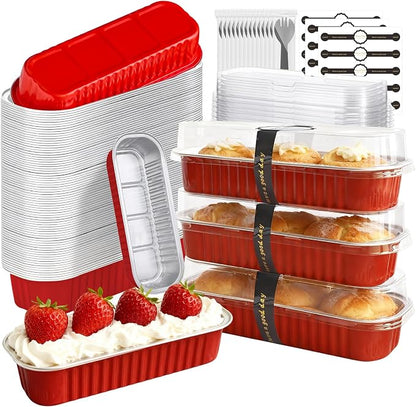 Mini Cake Pans with Lids and Spoons 200 Pack, Mini Loaf Pans with lids 6.8oz, Small Disposable Aluminum Foil Loaf Pans, Rectangular Baking Container for Party, Picnics and Housewarming (Red)