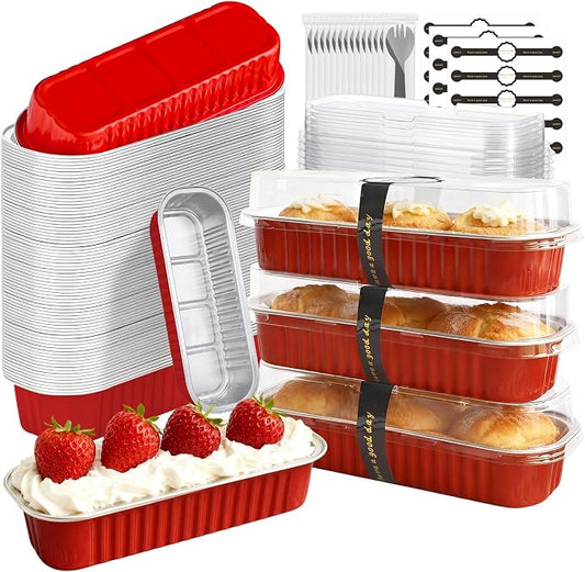 Mini Cake Pans with Lids and Spoons 200 Pack, Mini Loaf Pans with lids 6.8oz, Small Disposable Aluminum Foil Loaf Pans, Rectangular Baking Container for Party, Picnics and Housewarming (Red)