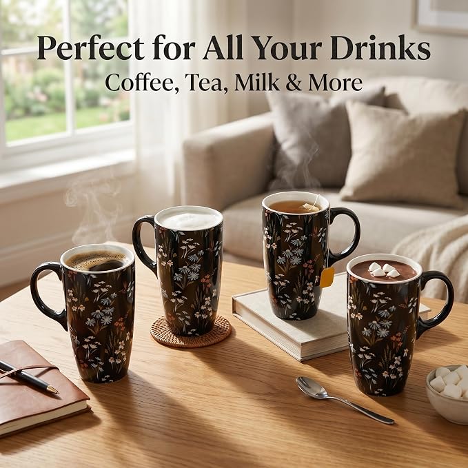 Topadorn 17oz Ceramic Travel Mug with Lid and Handle, Black Floral Coffee Cup, Tall Porcelain Mug, Microwave & Dishwasher Safe, Gift Box Included