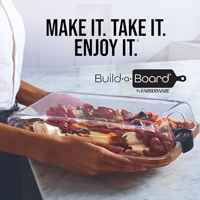 Farberware Build-A-Board Bamboo Cutting Board with Built-In Compartments & Clear Locking Lid, Black Handles, Charcuterie, Snack Tray, Food Prep and Serving Platter