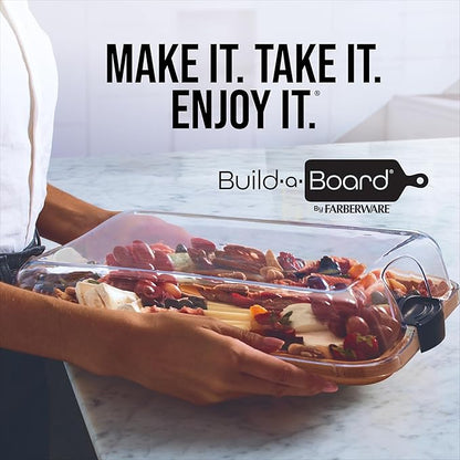 Farberware Build-A-Board Bamboo Cutting Board with Built-In Compartments & Clear Locking Lid, Black Handles, Charcuterie, Snack Tray, Food Prep and Serving Platter