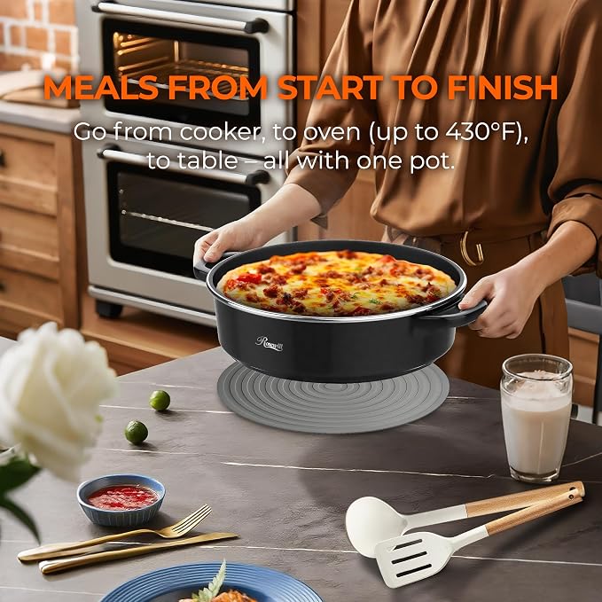 Rosewill 12.7 QT Electric Hot Pot Slow Cooker with Multiple Functions, Split Design with 11.8 inch Wider Cooking Pot and SUS Steam Basket, 1600W High Power, Includes Utensils - Black