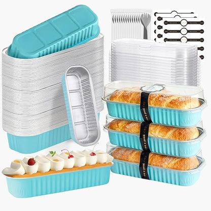 100 Pack Mini Cake Pans with Lids and Spoons, Mini Loaf Baking Pans 6.8oz, Small Disposable Aluminum Foil Loaf Pans, Rectangular Baking Containers for Party and Picnics, Cheesecake Pans (Blue)