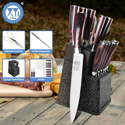 XYJ Authentic Since 1986, Knife Block Set, Kitchen Knives Set With Holder, Scissors, Professional Japanese Chef Knife Set, Paring Bread Carving Slicing Knife, Steak Knives