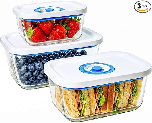 Elmond Glass Vacuum Containers (3-Size Set S M L)– Universal Compatible with Nozzles 2.4-3.8cm/0.95-1.5 in – For Handheld & Desktop Sealers
