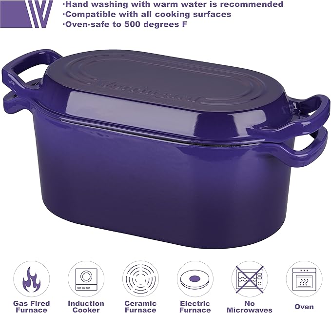 VORRINGARD Oval Dutch Oven Pot with Lid, Enamel Coating Cast Iron Bread Pans for Homemade Sourdough Bread Baking, Cooking, 4 Quart, Purple