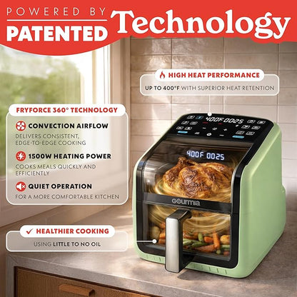 Gourmia Air Fryer 7 QT - Easy View Panorama Window & Interior Light, Guided Cooking with 12 One-Touch Presets, FryForce 360, Dishwasher Safe Accessories, Green