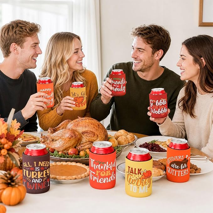 18 Pcs Friendsgiving Can Cooler Sleeves Fall Feast Beverage Covers for Thanksgiving Party Favors Beer Can Sleeves for Friendsgiving Gifts Decorations