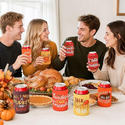 18 Pcs Friendsgiving Can Cooler Sleeves Fall Feast Beverage Covers for Thanksgiving Party Favors Beer Can Sleeves for Friendsgiving Gifts Decorations