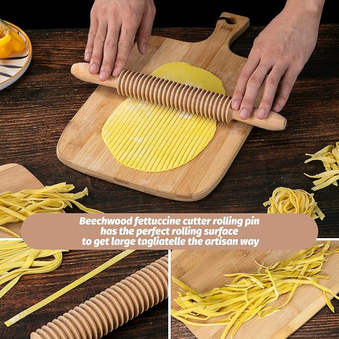 Beech Wood 5mm Tagliatelle Pasta Cutter Noodle Lattice Roller Docker Dough Cutter Wooden Rolling Pin Spaghetti Pasta Maker Beechwood Noodle Cutter Rolling Pin Kitchen Cooking Tools