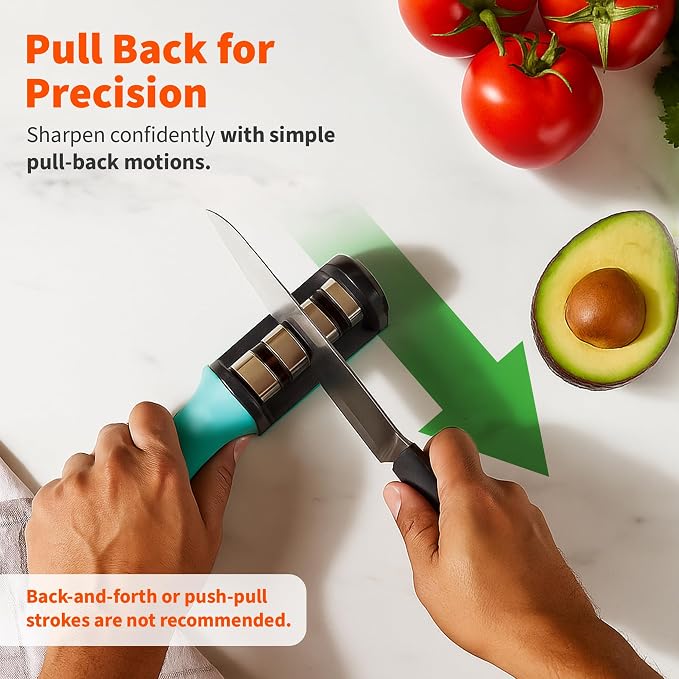 IMUSA Knife Sharpener – Kitchen Knife Sharpener with 3-Stage Stainless Steel Blade Sharpener Design – Easy to Use, Ergonomic Manual Knife Sharpening Kit with Non-Slip Base