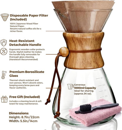 AGOGO Pour Over Coffee Maker Glass with 50pcs Paper Filters -for Home, Office, Camping, Cafes - Easy Clean Coffee Dripper Set (Soft Towel&Brush)(34oz Slim Shape w/Paper Filters)