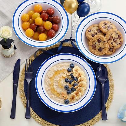 Goodluck 50 Pack Plastic Bowls with Blue Rim, 12oz Disposable Soup Bowls, Heavy Duty Dessert Bowls for Graduations, Weddings, Parties, Catering, and Everyday Use