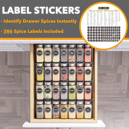 SpaceAid Spice Drawer Organizer with 28 Spice Jars, Bamboo Drawer Dividers with Inserts 4 Dividers with 9 Inserts (17-22 in)