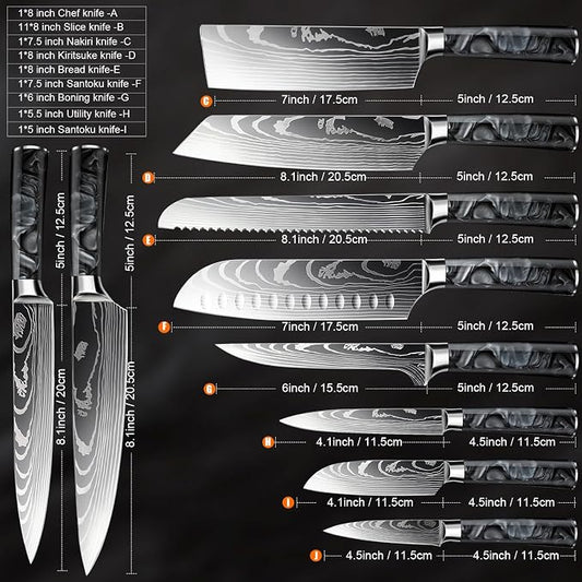 10-Piece Premium Japanese Kitchen Knife Set - Star Collection, Laser Damascus Pattern, 440A Stainless Steel Ultra Sharp for Fast Cutting (Black)