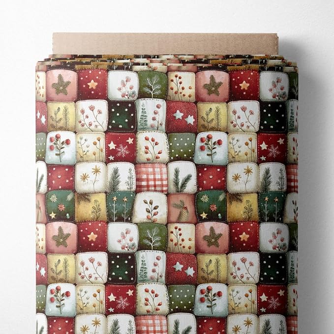 Patchwork Cotton Fabric Panel 61 x 36.6 Inches, Christmas Botanical Squares Quilt Style, 100% Cotton 140 GSM, Sewing Quilting Craft Fabric