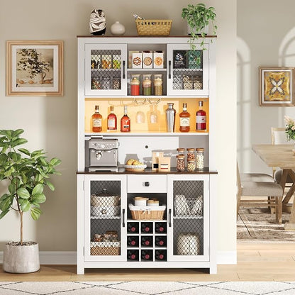 VilroCaz 70.9" Tall Farmhouse Kitchen Pantry Buffet Cabinet with Doors, Drawer and Shelves Wine Rack, Wooden Kitchen Hutch Cabinet with LED Outlets for Dining Room (White-R)
