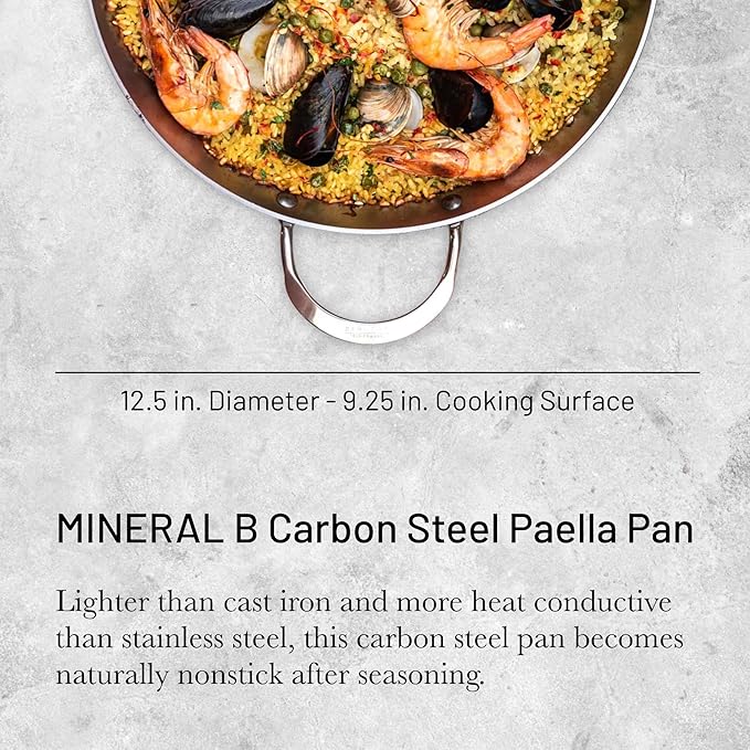 de Buyer MINERAL B Carbon Steel Paella Pan - 12.5” Diameter, 9.25” Cooking Surface - Multipurpose Pan for Stovetop & Oven - Naturally Non-Stick Finish - Made in France