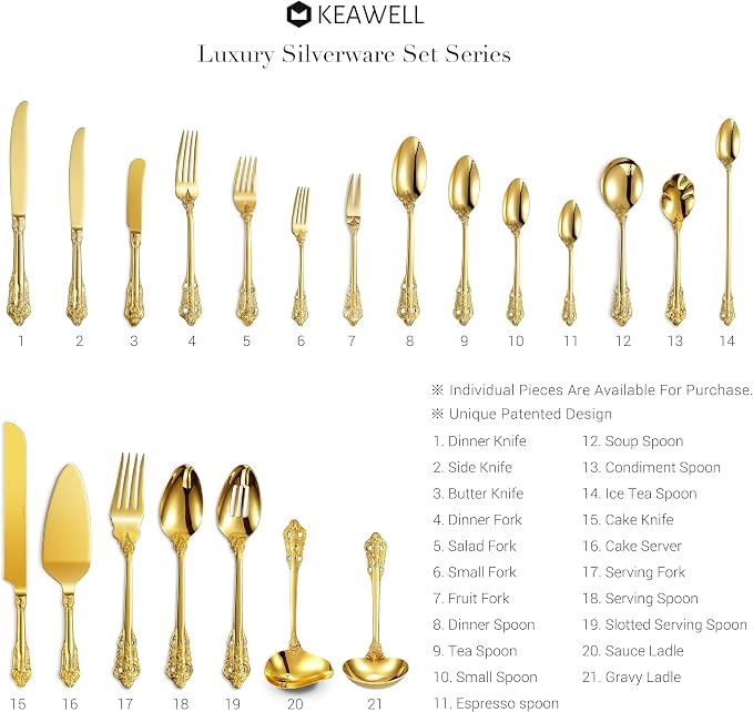 KEAWELL Luxury 5.9" Appetizer Forks, 18/10 Stainless Steel, Set of 4, Gorgeous Cocktail Forks/Dessert Forks (Gold)
