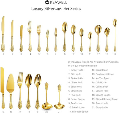 KEAWELL Luxury 20 Pieces 18/10 Stainless Steel Flatware set, Service for 4, silver plated with gold accents, Fine Silverware set and Dishwasher Safe (Gold)